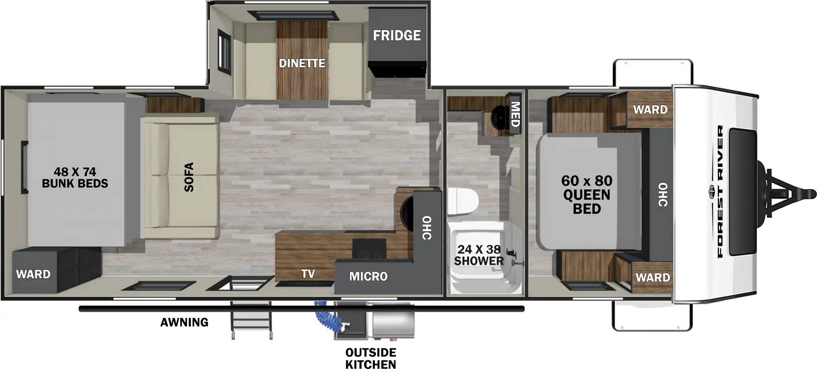 The Ibex 25RBH (Coming Soon) floorplan has one entry and one slide out. Exterior features include: fiberglass exterior and outside kitchen. Interiors features include: bunk beds, front bedroom and pass through bathroom.